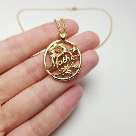 Vintage Mother Pendant Necklace, Floral Design Pink Rhinestone, Gold Tone Chain - Picture 2 of 7